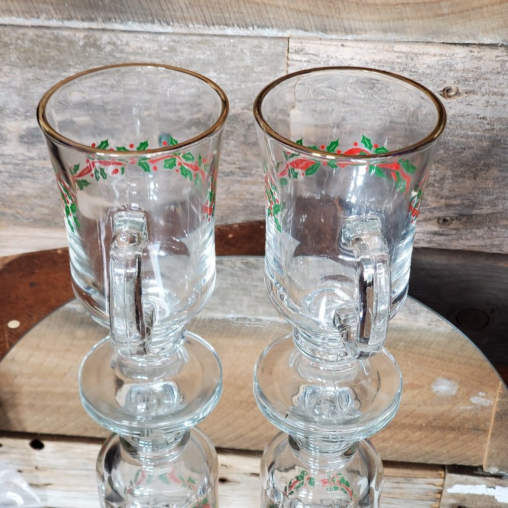 Libbey Irish Coffee Mugs - Green & Red Holly - Red Ribbon - Price for Pair
